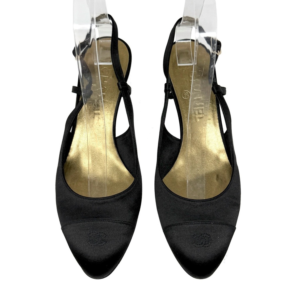 Chanel Black Satin Slingback Pumps CC Logo Kitten Heels EU 39